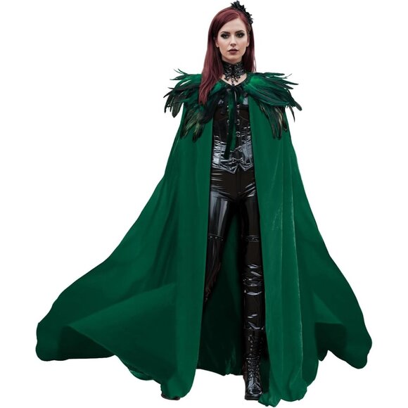 Women Feather Collar Velvet Cloak Vampire Cape Witch Queen Cosplay Costume - Picture 1 of 7